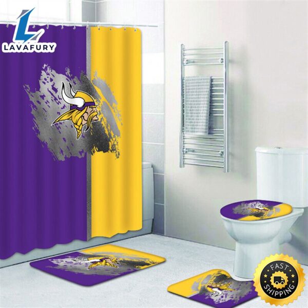 NFL Minnesota Vikings Bath Rugs Set 4pcs Shower Curtain Non-Slip Toilet Lid Cover Logo