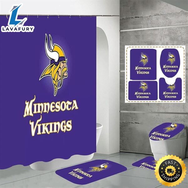 NFL Minnesota Vikings Bathroom Set Shower Curtain Non-Slip Rugs Toilet Lid Cover Mat
