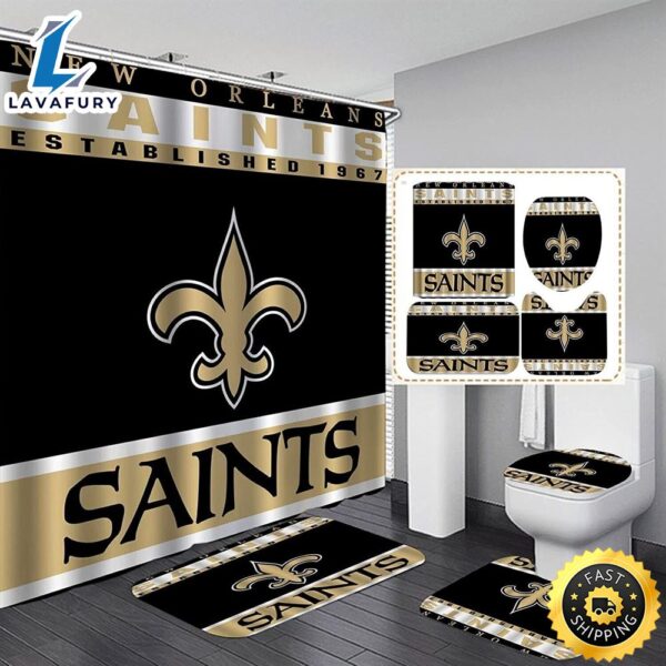NFL New Orleans Saints Bathroom Set Shower Curtain Non-Slip Rug Toilet Lid Cover Mat
