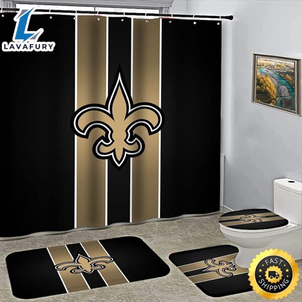 NFL New Orleans Saints Bathroom Set Shower Curtain Non-Slip Rug Toilet Lid Cover Mat Logo