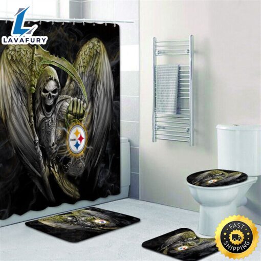 NFL Pittsburgh Steelers 4pcs Bathroom Rugs Set Shower Curtains Toilet Lid Cover Mats