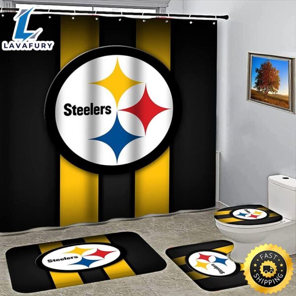 NFL Pittsburgh Steelers 4pcs Bathroom Rugs Set Shower Curtains Toilet Lid Cover Matss
