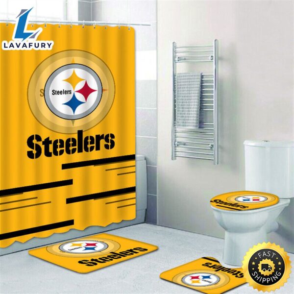 NFL Pittsburgh Steelers 4pcs Shower Curtain Set Bath Mat U Shape Rug Toilet Cover