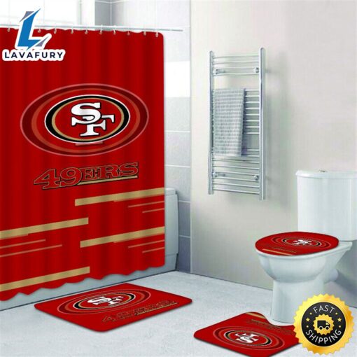 NFL Red San Francisco 49ers 4pcs Bathroom Shower Curtain Set Bath Mats Toilet Lid Cover