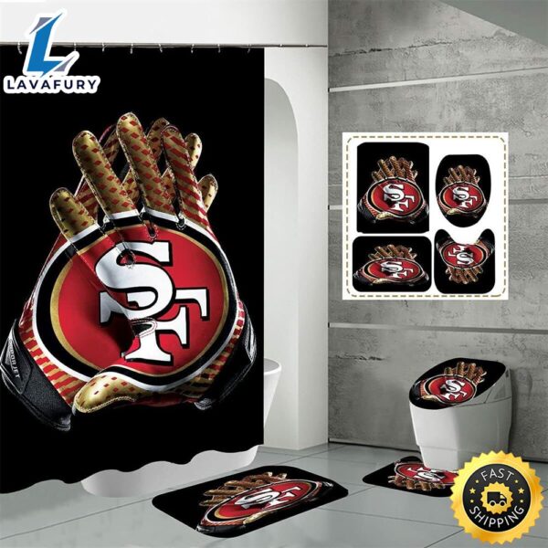 NFL San Francisco 49ers Shower Curtains Set 4pcs Non-Slip Bath Mat Toilet Lid Cover