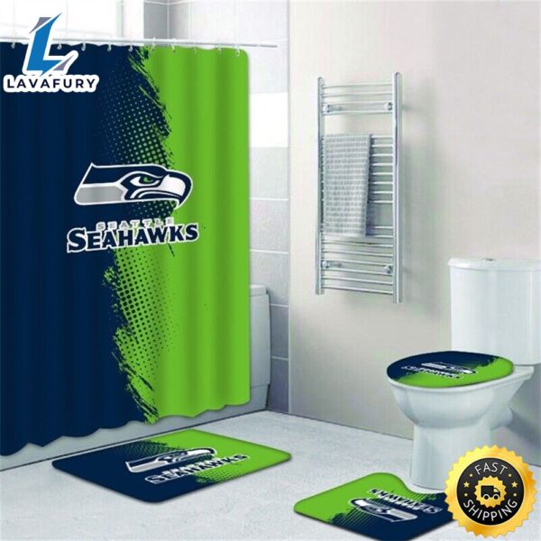 NFL Seattle Seahawks 4 Piece Bathroom Rugs Set Shower Curtain Toilet Lid Cover Decor