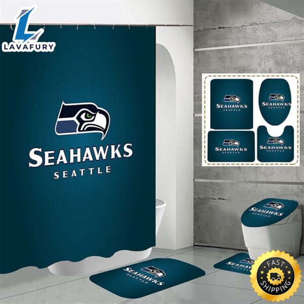 NFL Seattle Seahawks Bathroom Set Shower Curtain Non-Slip Rugs Toilet Lid Cover Mat 3d