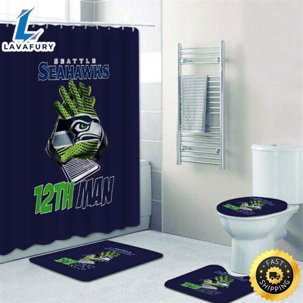NFL Seattle Seahawks Bathroom Set Shower Curtain Non-Slip Rugs Toilet Lid Cover Mat Logo