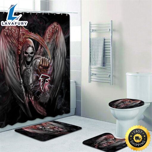 NFL Skull Atlanta Falcons 4pcs Bathroom Rugs Set Bath Shower Curtain Toilet Lid Cover Mats