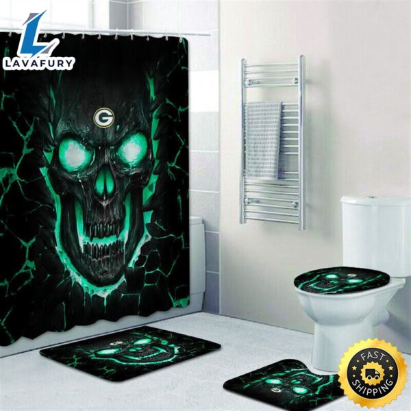 NFL Skull Green Bay Packers 4pcs Bathroom Rug Set Bath Shower Curtain Toilet Lid Cover Mat
