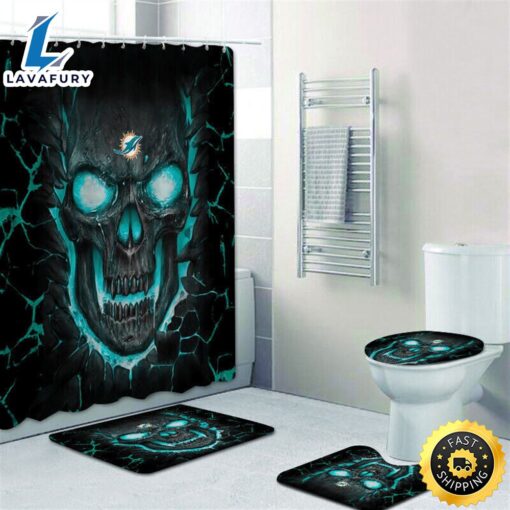 NFL Skull Miami Dolphins Bathroom Set Shower Curtain Non-Slip Rug Toilet Lid Cover Mat 4pc