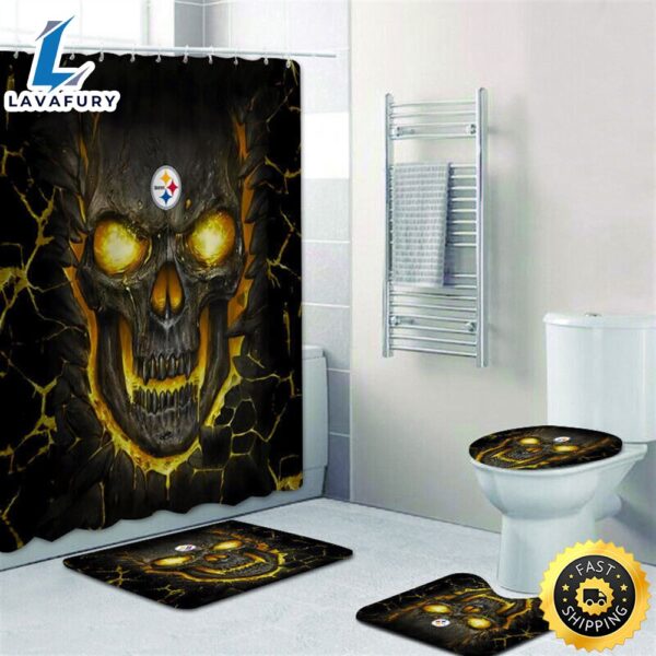 NFL Skull Pittsburgh Steelers 4pcs Bathroom Rugs Set Shower Curtains Toilet Lid Cover Mats
