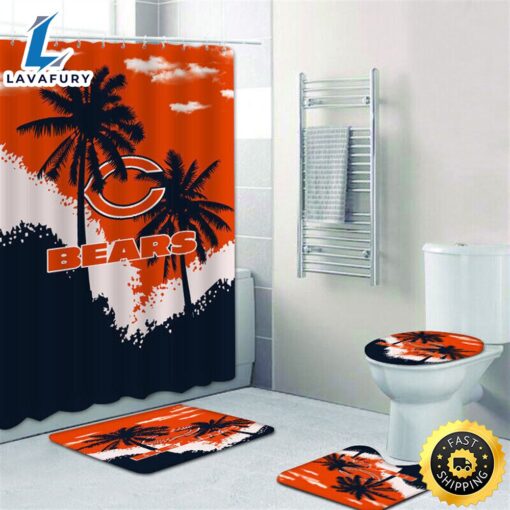 NFL Summer Chicago Bears 4pcs Bathroom Set Shower Curtain Non-Slip Rug Toilet Lid Cover Mat