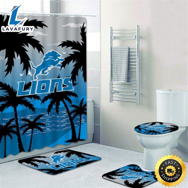 NFL Summer Detroit Lions Non-Slip Rugs Toilet Lid Cover Bath Mat Shower Curtain 4pcs Sets