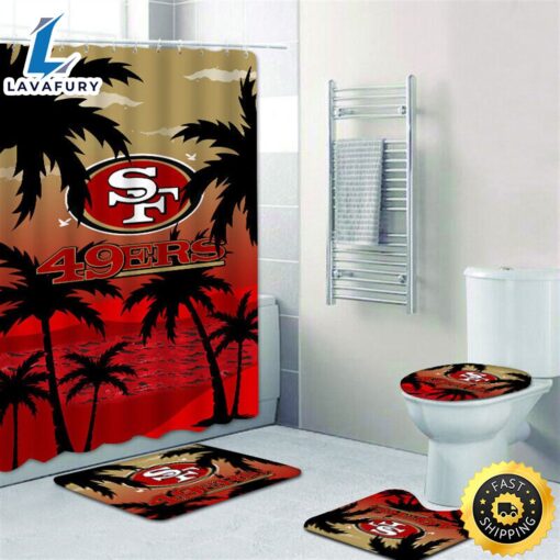 NFL Summer San Francisco 49ers 4pcs Bathroom Shower Curtain Set Bath Mats Toilet Lid Cover