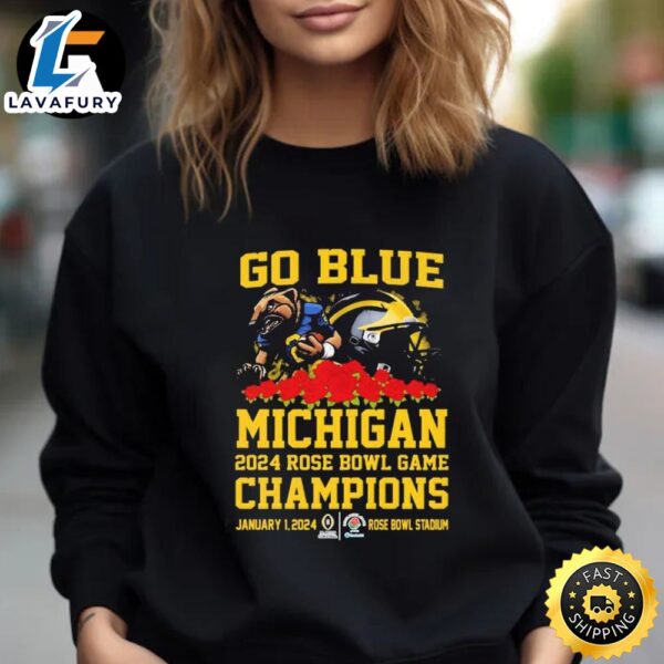 Official Go Blue Michigan Wolverines 2024 Rose Bowl Game Champions Mascot Helmet Unisex T-Shirt