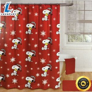 Peanuts Christmas Shower Curtain Snoopy Hugging Woodstock On Red