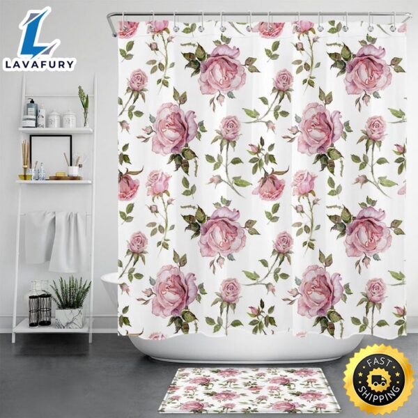 Pink Floral Bathroom Shower Curtain Set Roses Bathroom Decor Valentine Day