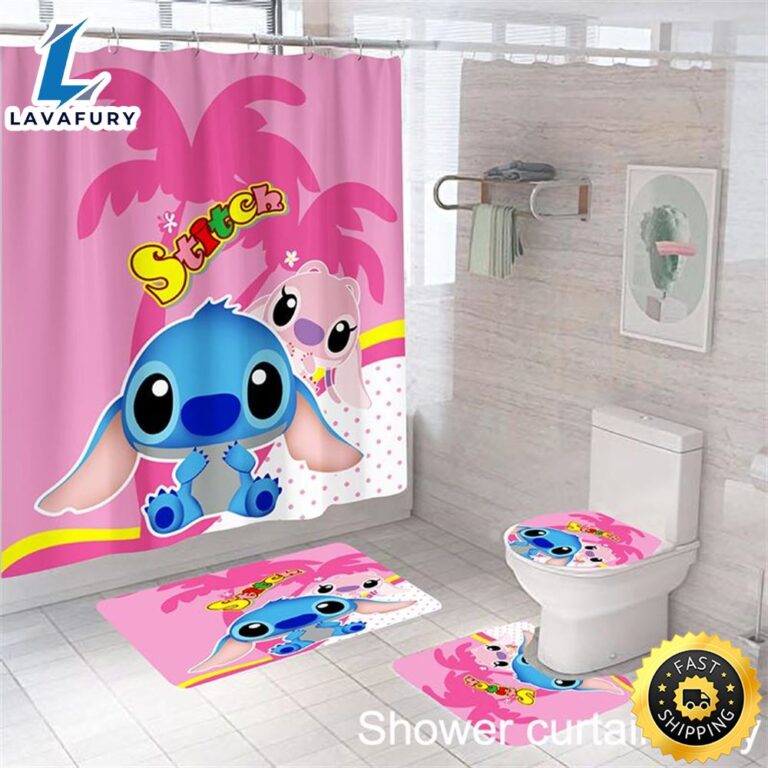 3d Cartoon Lilo And Stitch Shower Curtain Set Waterproof Bath Toilet Cover Rug Lavafury 1747