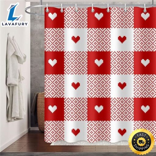 Plaid Heart Shower Curtain Retro Buffalo Check Love Hearts Polka Dot Bath Curtain Rustic Farmhouse Romantic Country Love Theme Valentines Day Fabric Bathroom Girl Woman Decor