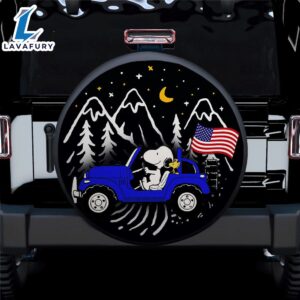 Snoopy Blue Jeep US Flag Mountain Car Spare Tire Covers Gift For Campers