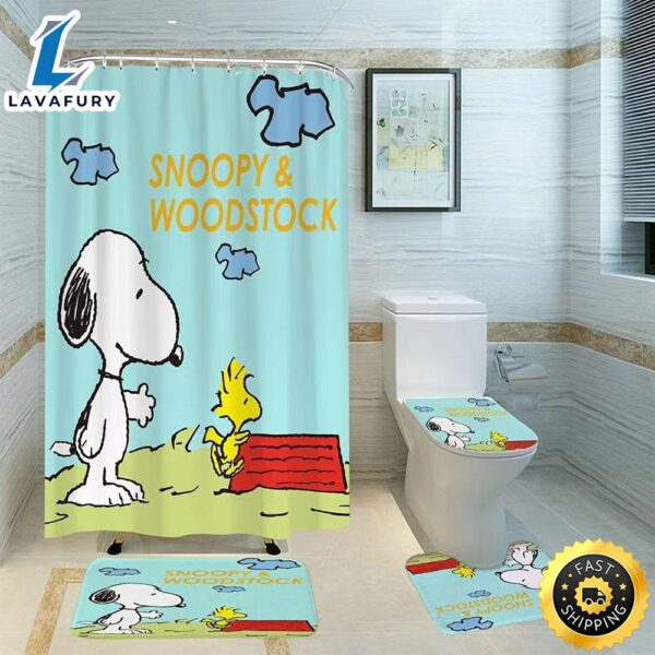 Snoopy Shower Curtain Set With Non Slip Carpet, Toilet Cover And Bathroom Mat