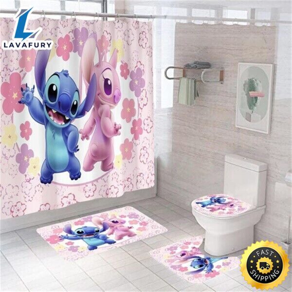 Stitch Bathroom Set Shower Curtain Bath Mat Toilet Lid Cover