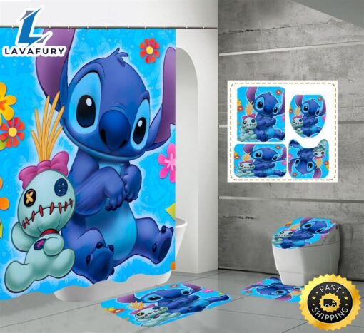 Stitch Blue Bathroom Set Shower Curtain Bath Mat Toilet Lid Cover