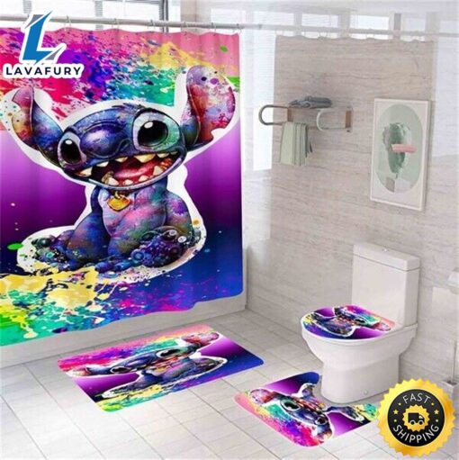 Stitch Color Set Shower Curtain Bath Mat Toilet Lid Cover