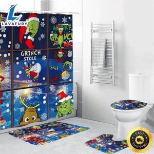 The Grinch Christmas 11 Shower Curtain Non-Slip Toilet Lid Cover Bath Mat – Bathroom Set Fans Gifts