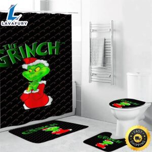 The Grinch Christmas 12 Shower Curtain Non-Slip Toilet Lid Cover Bath Mat – Bathroom Set Fans Gifts