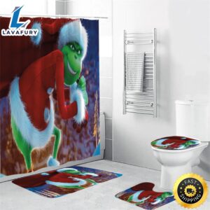 The Grinch Christmas 13 Shower Curtain Non-Slip Toilet Lid Cover Bath Mat – Bathroom Set Fans Gifts