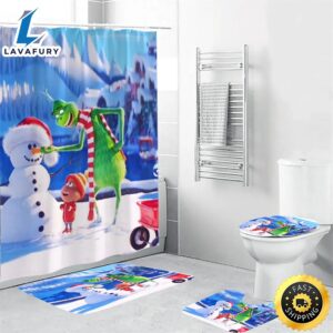 The Grinch Christmas 14 Shower Curtain Non-Slip Toilet Lid Cover Bath Mat – Bathroom Set Fans Gifts