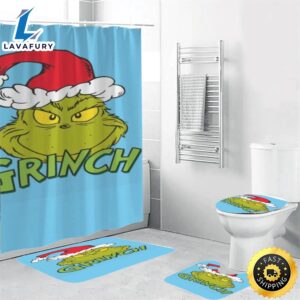 The Grinch Christmas 2 Shower Curtain Non-Slip Toilet Lid Cover Bath Mat – Bathroom Set Fans Gifts