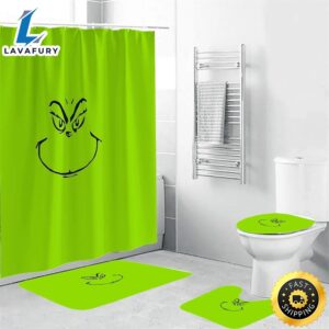 The Grinch Christmas 4 Shower Curtain Non-Slip Toilet Lid Cover Bath Mat – Bathroom Set Fans Gifts