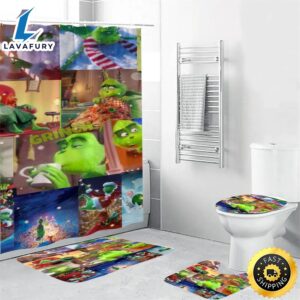 The Grinch Christmas 5 Shower Curtain Non-Slip Toilet Lid Cover Bath Mat – Bathroom Set Fans Gifts