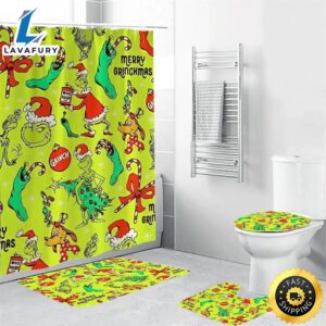The Grinch Christmas 6 Shower Curtain Non-Slip Toilet Lid Cover Bath Mat – Bathroom Set Fans Gifts