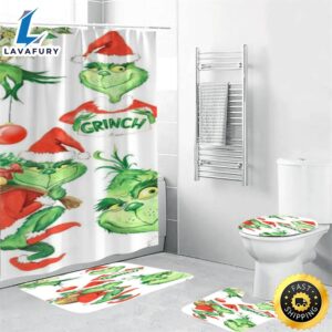 The Grinch Christmas 7 Shower Curtain Non-Slip Toilet Lid Cover Bath Mat – Bathroom Set Fans Gifts