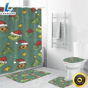 The Grinch Christmas 8 Shower Curtain Non-Slip Toilet Lid Cover Bath Mat – Bathroom Set Fans Gifts