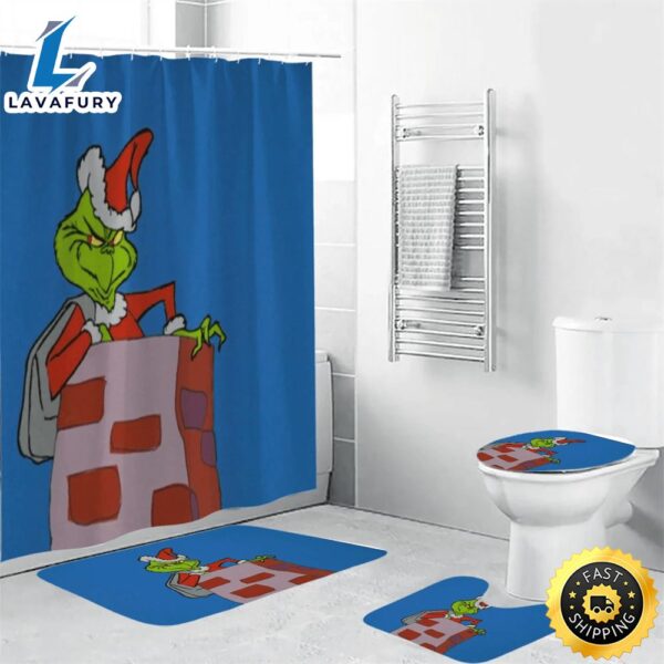 The Grinch Christmas Grinch Blue 1 Shower Curtain Non-Slip Toilet Lid Cover Bath Mat – Bathroom Set Fans Gifts