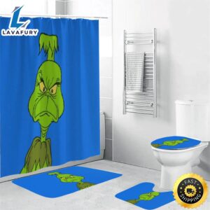 The Grinch Christmas Grinch Blue 2 Shower Curtain Non-Slip Toilet Lid Cover Bath Mat – Bathroom Set Fans Gifts