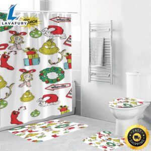 The Grinch Christmas Grinch Cindy Lou Who 1 Shower Curtain Non-Slip Toilet Lid Cover Bath Mat – Bathroom Set Fans Gifts