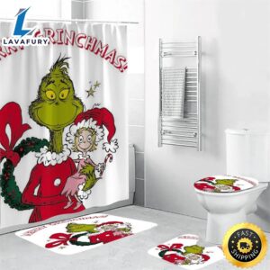 The Grinch Christmas Grinch Cindy Lou Who 2 Shower Curtain Non-Slip Toilet Lid Cover Bath Mat – Bathroom Set Fans Gifts