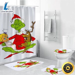 The Grinch Christmas Grinch Cindy Lou Who 3 Shower Curtain Non-Slip Toilet Lid Cover Bath Mat – Bathroom Set Fans Gifts