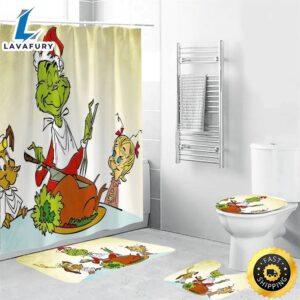 The Grinch Christmas Grinch Cindy Lou Who 4 Shower Curtain Non-Slip Toilet Lid Cover Bath Mat – Bathroom Set Fans Gifts