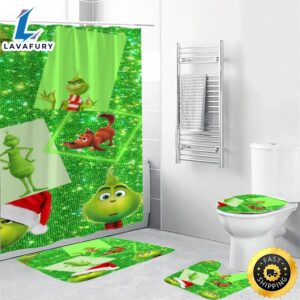 The Grinch Christmas Grinch Green 1 Shower Curtain Non-Slip Toilet Lid Cover Bath Mat – Bathroom Set Fans Gifts
