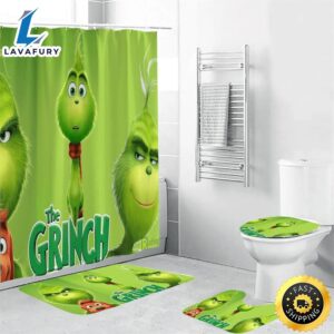 The Grinch Christmas Grinch Green 3 Shower Curtain Non-Slip Toilet Lid Cover Bath Mat – Bathroom Set Fans Gifts