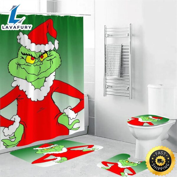 The Grinch Christmas Grinch Green 4 Shower Curtain Non-Slip Toilet Lid Cover Bath Mat – Bathroom Set Fans Gifts