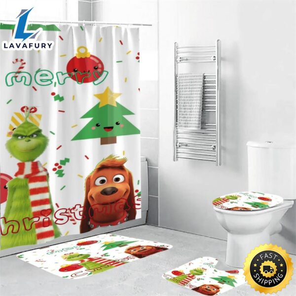 The Grinch Christmas Grinch Max 10 Shower Curtain Non-Slip Toilet Lid Cover Bath Mat – Bathroom Set Fans Gifts