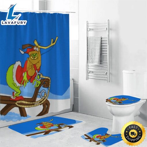 The Grinch Christmas Grinch Max 11 Shower Curtain Non-Slip Toilet Lid Cover Bath Mat – Bathroom Set Fans Gifts